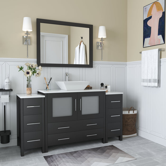 Ravenna 60" Single Sink Small Bathroom Vanity Set, 8 Drawers 1 Shelf Engineered Marble Top and Ceramic Vessel Sink Bathroom Cabinet with Mirror