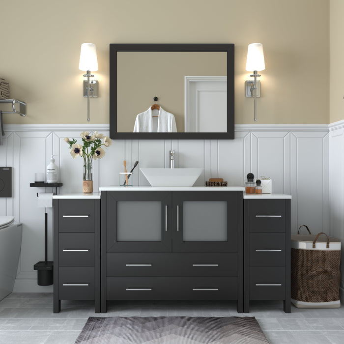 Ravenna 60" Single Sink Small Bathroom Vanity Set, 8 Drawers 1 Shelf Engineered Marble Top and Ceramic Vessel Sink Bathroom Cabinet with Mirror