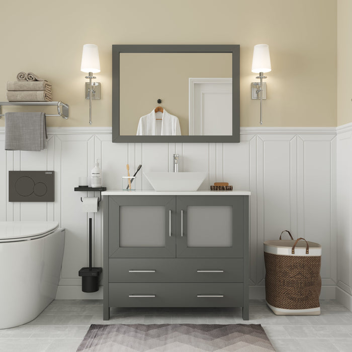 Ravenna 36" Single Sink Bathroom Vanity Combo Set, 2 Drawers 1 Shelf Single Cabinet White Engineered Marble Top and Ceramic Sink Bathroom Cabinet with Free Mirror