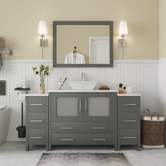 Ravenna 60" Single Sink Small Bathroom Vanity Set, 8 Drawers 1 Shelf Engineered Marble Top and Ceramic Vessel Sink Bathroom Cabinet with Mirror