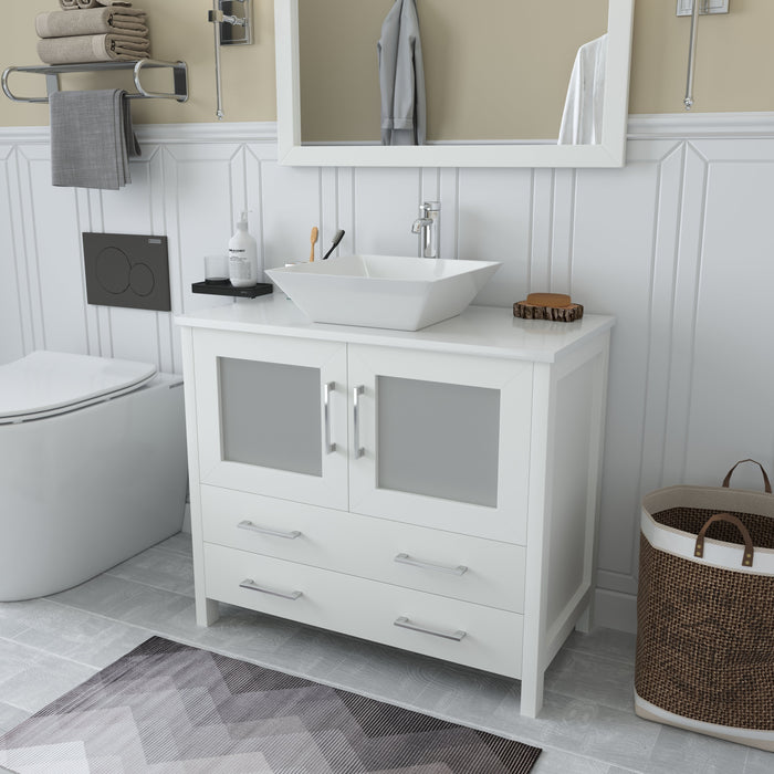 Ravenna 36" Single Sink Bathroom Vanity Combo Set, 2 Drawers 1 Shelf Single Cabinet White Engineered Marble Top and Ceramic Sink Bathroom Cabinet with Free Mirror