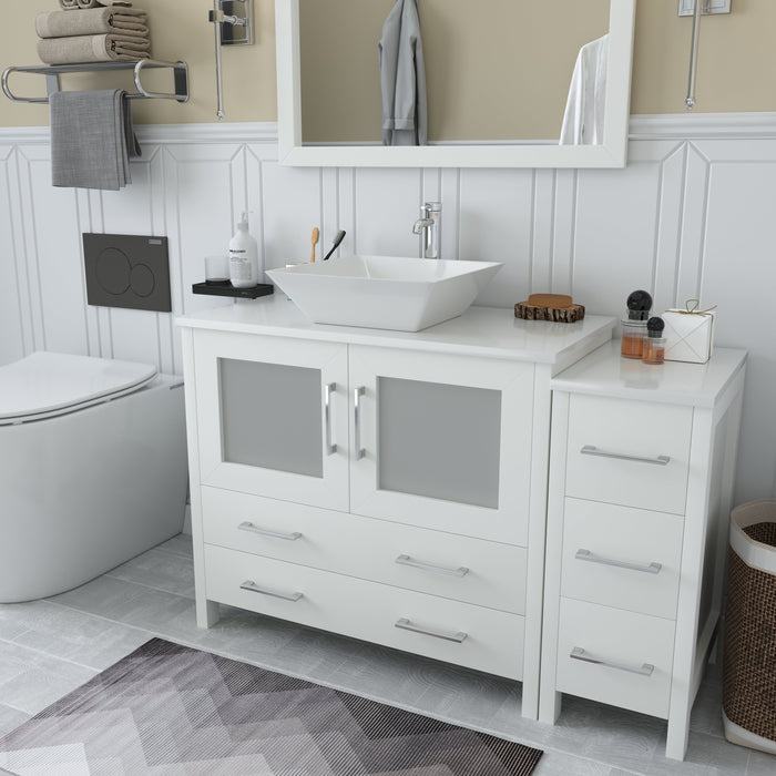 Ravenna 48" Single Sink Bathroom Vanity Combo Set, 5 Drawers 1 Shelf 2 Cabinet White Engineered Marble Top and Ceramic Vessel Sink Bathroom Cabinet with Free Mirror