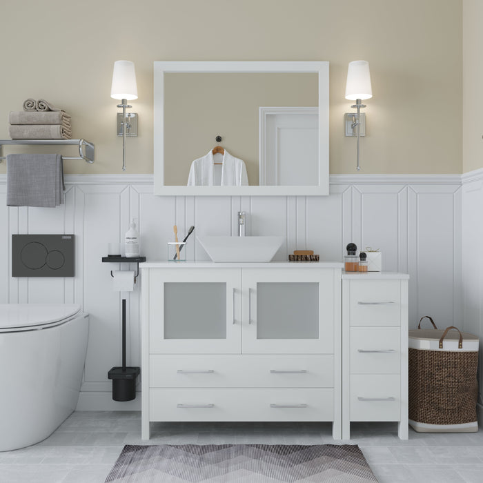 Ravenna 48" Single Sink Bathroom Vanity Combo Set, 5 Drawers 1 Shelf 2 Cabinet White Engineered Marble Top and Ceramic Vessel Sink Bathroom Cabinet with Free Mirror