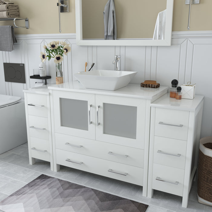 Ravenna 60" Single Sink Small Bathroom Vanity Set, 8 Drawers 1 Shelf Engineered Marble Top and Ceramic Vessel Sink Bathroom Cabinet with Mirror
