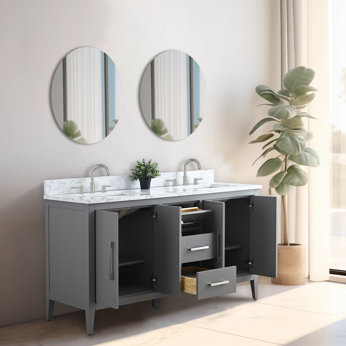 60β Double Sink Bathroom Vanity Cabinet with Engineered Marble Top - HomeBeyond