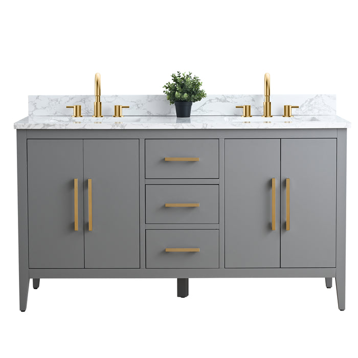 60β Double Sink Bathroom Vanity Cabinet with Engineered Marble Top - HomeBeyond