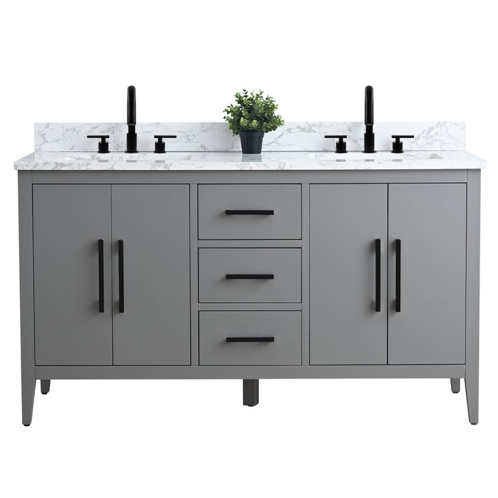 60β Double Sink Bathroom Vanity Cabinet with Engineered Marble Top - HomeBeyond