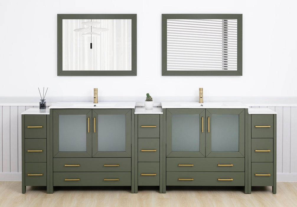 Brescia 108" Double Sink Modern Bathroom Vanity Set, 2 Shelves, 13 Drawers - Ceramic Top & Bathroom Cabinet with Two Free Mirrors - HomeBeyond