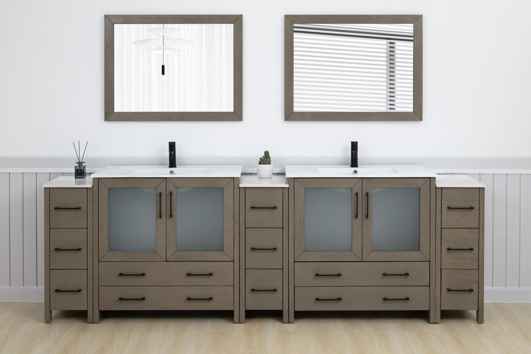 Brescia 108" Double Sink Modern Bathroom Vanity Set, 2 Shelves, 13 Drawers - Ceramic Top & Bathroom Cabinet with Two Free Mirrors - HomeBeyond