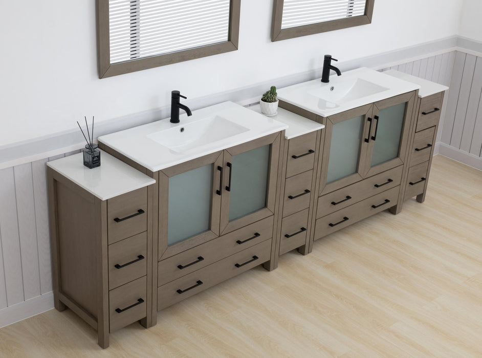Brescia 108" Double Sink Modern Bathroom Vanity Set, 2 Shelves, 13 Drawers - Ceramic Top & Bathroom Cabinet with Two Free Mirrors - HomeBeyond