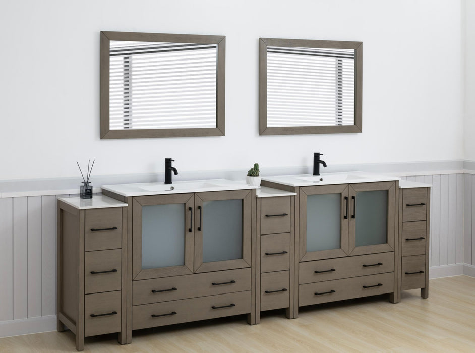 Brescia 108" Double Sink Modern Bathroom Vanity Set, 2 Shelves, 13 Drawers - Ceramic Top & Bathroom Cabinet with Two Free Mirrors - HomeBeyond