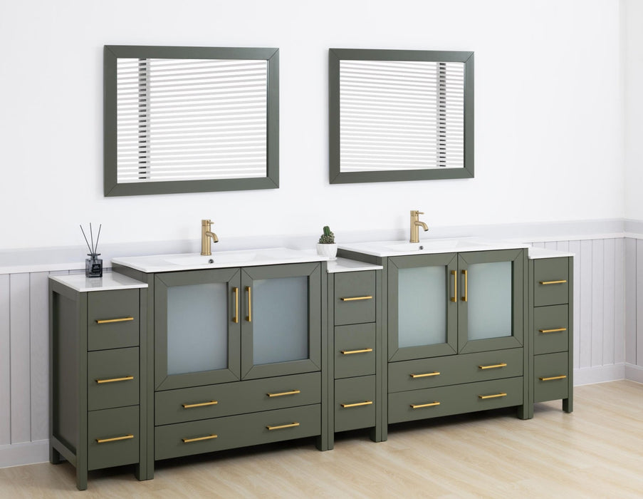 Brescia 108" Double Sink Modern Bathroom Vanity Set, 2 Shelves, 13 Drawers - Ceramic Top & Bathroom Cabinet with Two Free Mirrors - HomeBeyond