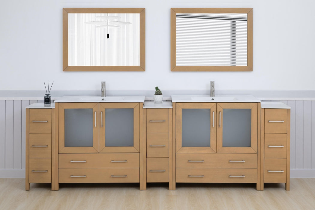 Brescia 108" Double Sink Modern Bathroom Vanity Set, 2 Shelves, 13 Drawers - Ceramic Top & Bathroom Cabinet with Two Free Mirrors - HomeBeyond