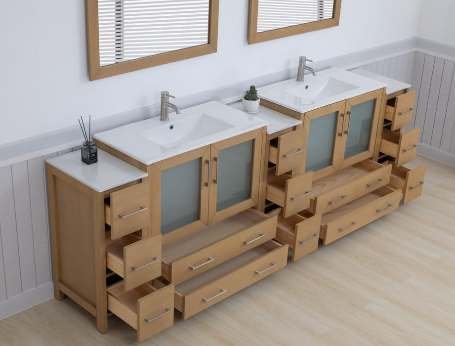 Brescia 108" Double Sink Modern Bathroom Vanity Set, 2 Shelves, 13 Drawers - Ceramic Top & Bathroom Cabinet with Two Free Mirrors - HomeBeyond