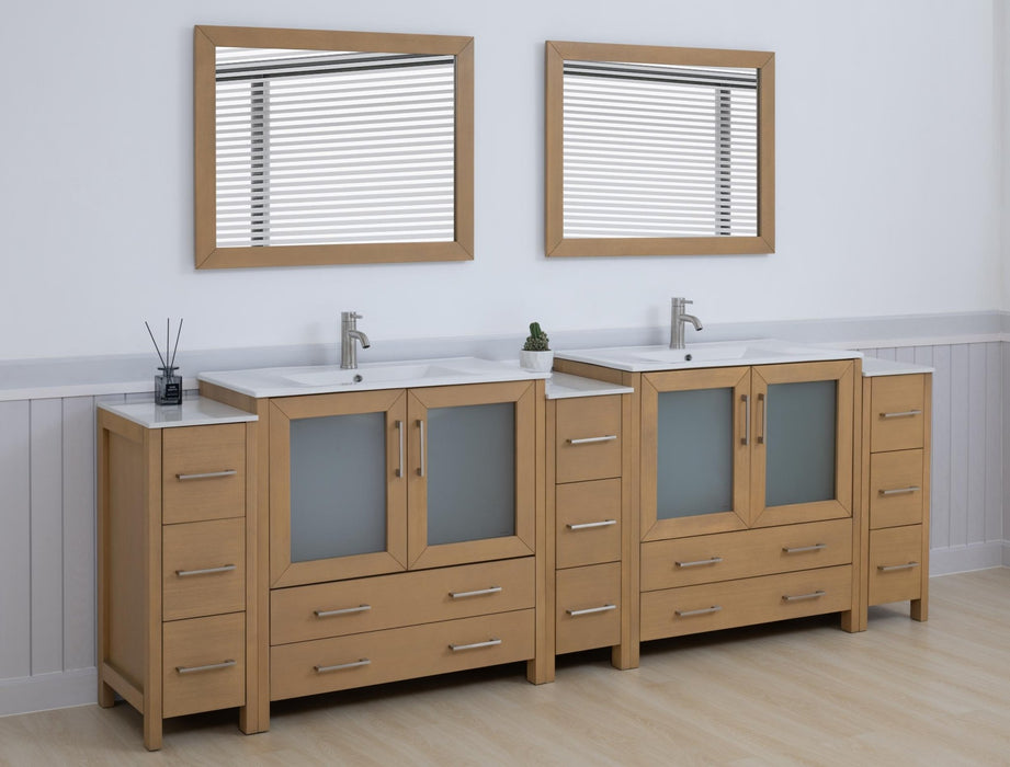 Brescia 108" Double Sink Modern Bathroom Vanity Set, 2 Shelves, 13 Drawers - Ceramic Top & Bathroom Cabinet with Two Free Mirrors - HomeBeyond