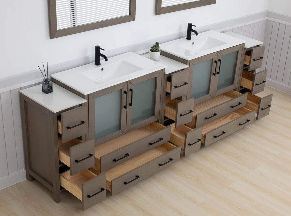 Brescia 108" Double Sink Modern Bathroom Vanity Set, 2 Shelves, 13 Drawers - Ceramic Top & Bathroom Cabinet with Two Free Mirrors - HomeBeyond