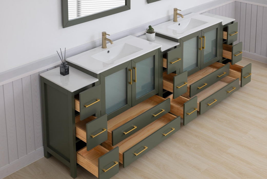 Brescia 108" Double Sink Modern Bathroom Vanity Set, 2 Shelves, 13 Drawers - Ceramic Top & Bathroom Cabinet with Two Free Mirrors - HomeBeyond