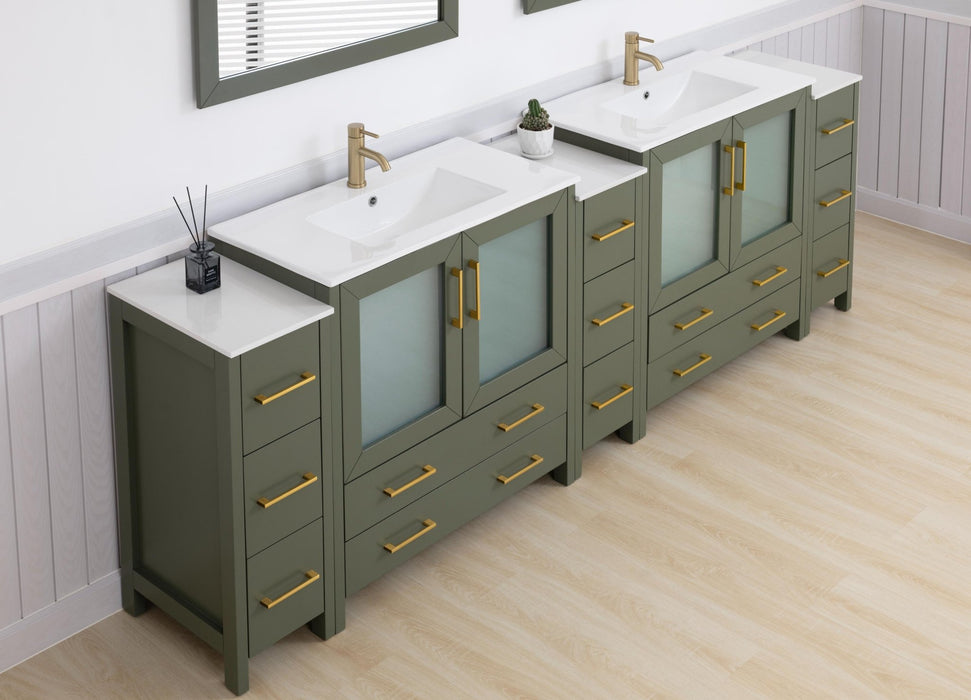 Brescia 108" Double Sink Modern Bathroom Vanity Set, 2 Shelves, 13 Drawers - Ceramic Top & Bathroom Cabinet with Two Free Mirrors - HomeBeyond