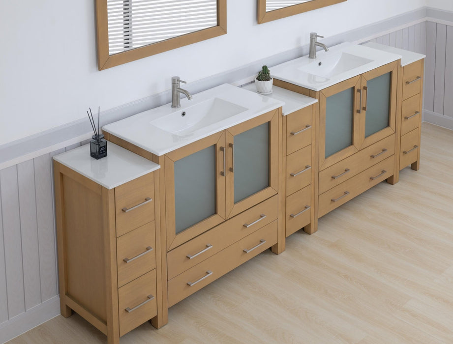 Brescia 108" Double Sink Modern Bathroom Vanity Set, 2 Shelves, 13 Drawers - Ceramic Top & Bathroom Cabinet with Two Free Mirrors - HomeBeyond