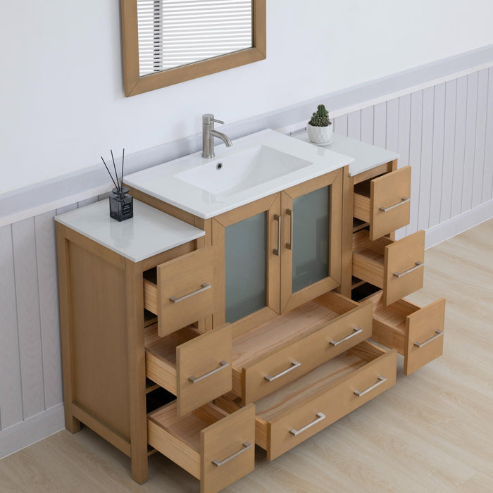 Brescia 54" Single Sink Bathroom Vanity Combo Set, Modern 8 Drawers 1 Shelf 3 Cabinets White Ceramic Top Under Sink Vanity with Mirror - HomeBeyond