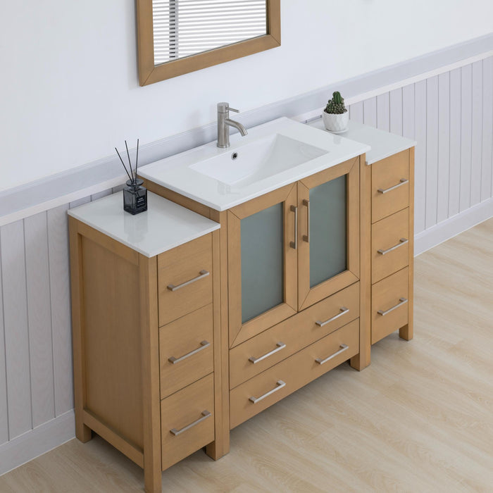 Brescia 54" Single Sink Bathroom Vanity Combo Set, Modern 8 Drawers 1 Shelf 3 Cabinets White Ceramic Top Under Sink Vanity with Mirror - HomeBeyond