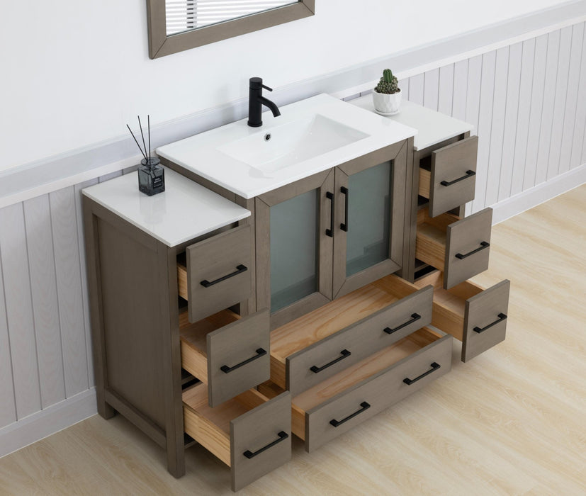 Brescia 54" Single Sink Bathroom Vanity Combo Set, Modern 8 Drawers 1 Shelf 3 Cabinets White Ceramic Top Under Sink Vanity with Mirror - HomeBeyond