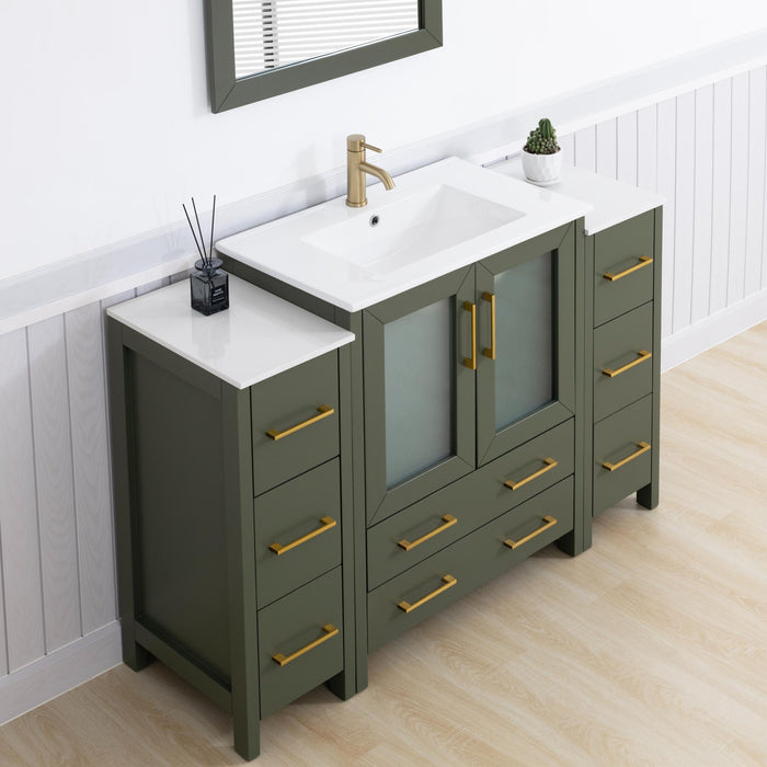 Brescia 54" Single Sink Bathroom Vanity Combo Set, Modern 8 Drawers 1 Shelf 3 Cabinets White Ceramic Top Under Sink Vanity with Mirror - HomeBeyond