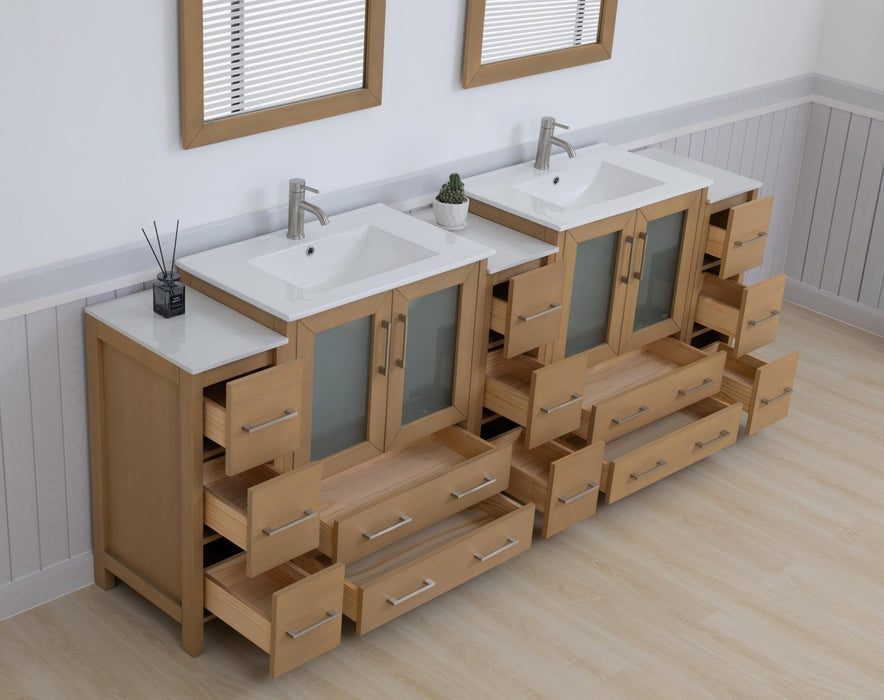 Brescia 96" Double Sink Modern Bathroom Vanity Set, Compact 2 Shelves 13 Drawers White Ceramic Top Bathroom Cabinet with Free Mirrors - HomeBeyond