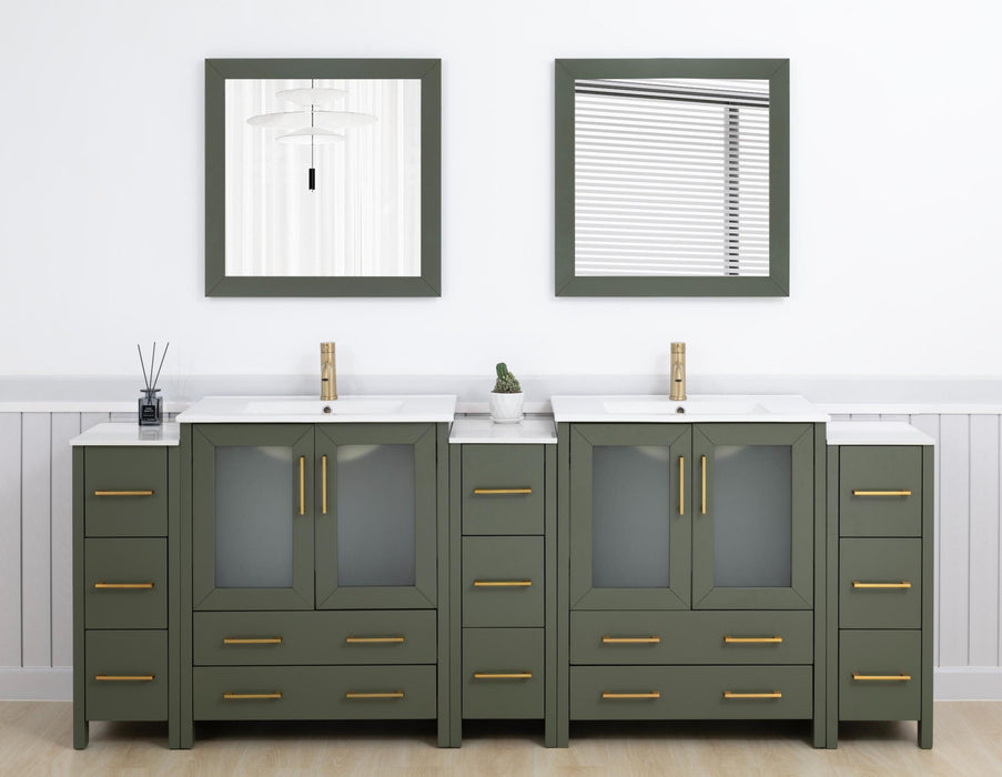 Brescia 96" Double Sink Modern Bathroom Vanity Set, Compact 2 Shelves 13 Drawers White Ceramic Top Bathroom Cabinet with Free Mirrors - HomeBeyond