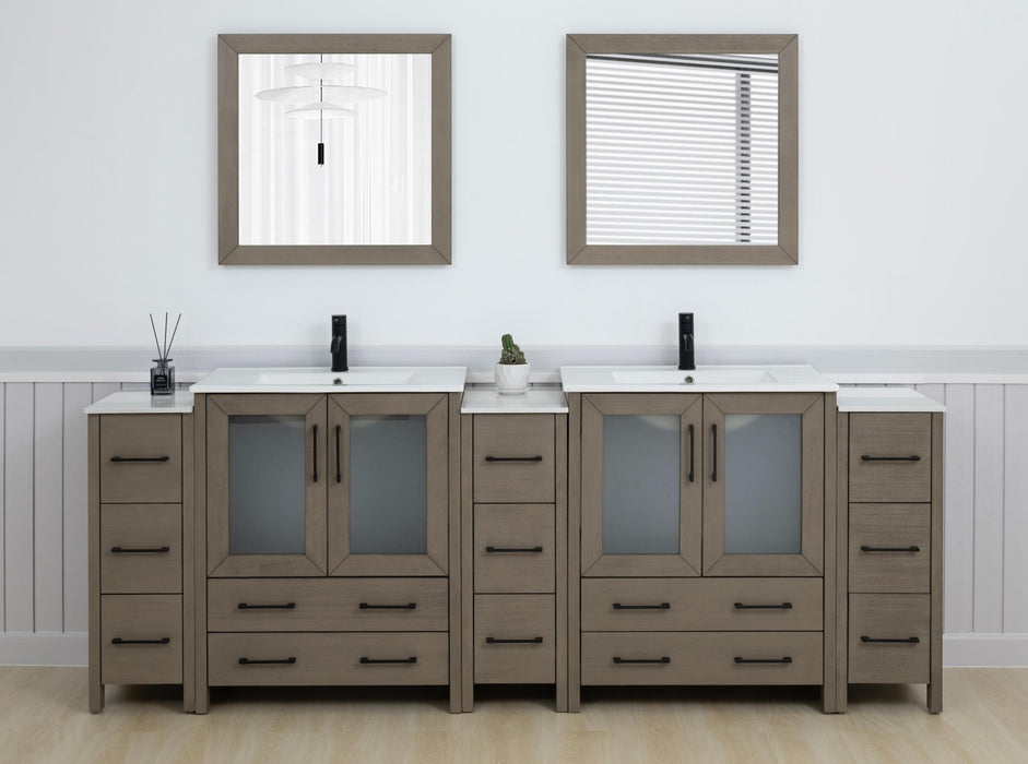 Brescia 96" Double Sink Modern Bathroom Vanity Set, Compact 2 Shelves 13 Drawers White Ceramic Top Bathroom Cabinet with Free Mirrors - HomeBeyond