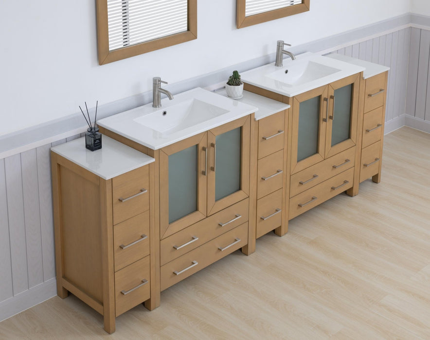 Brescia 96" Double Sink Modern Bathroom Vanity Set, Compact 2 Shelves 13 Drawers White Ceramic Top Bathroom Cabinet with Free Mirrors - HomeBeyond
