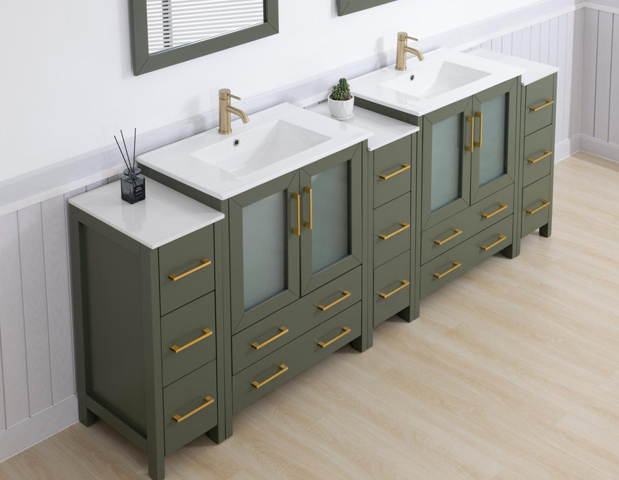 Brescia 96" Double Sink Modern Bathroom Vanity Set, Compact 2 Shelves 13 Drawers White Ceramic Top Bathroom Cabinet with Free Mirrors - HomeBeyond