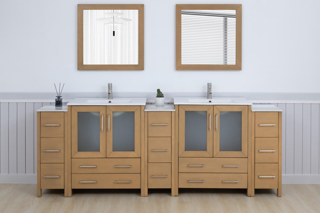 Brescia 96" Double Sink Modern Bathroom Vanity Set, Compact 2 Shelves 13 Drawers White Ceramic Top Bathroom Cabinet with Free Mirrors - HomeBeyond