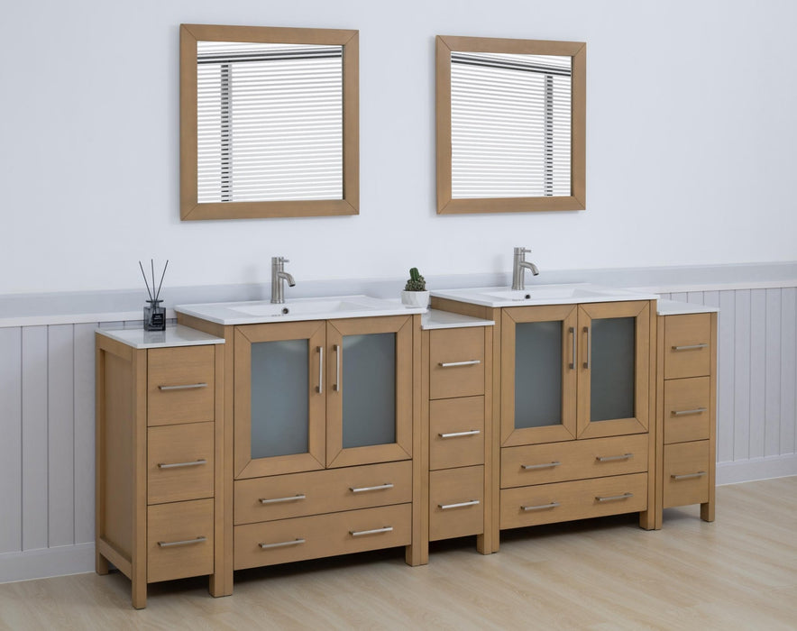 Brescia 96" Double Sink Modern Bathroom Vanity Set, Compact 2 Shelves 13 Drawers White Ceramic Top Bathroom Cabinet with Free Mirrors - HomeBeyond