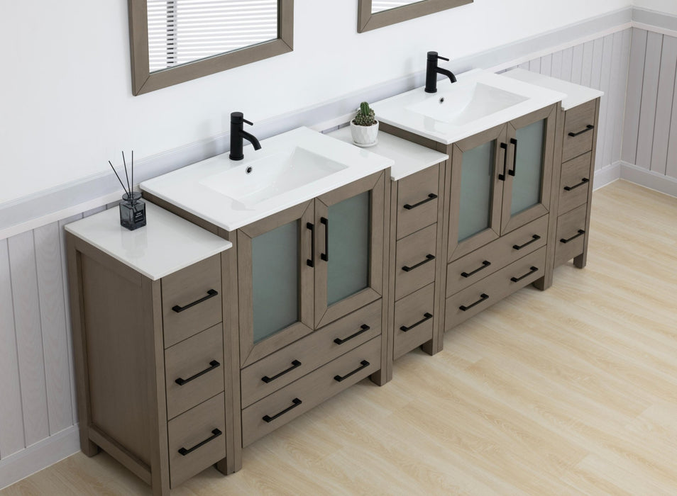 Brescia 96" Double Sink Modern Bathroom Vanity Set, Compact 2 Shelves 13 Drawers White Ceramic Top Bathroom Cabinet with Free Mirrors - HomeBeyond