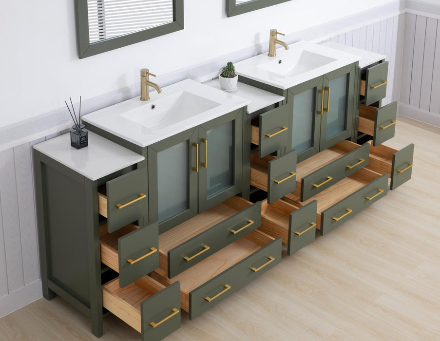 Brescia 96" Double Sink Modern Bathroom Vanity Set, Compact 2 Shelves 13 Drawers White Ceramic Top Bathroom Cabinet with Free Mirrors - HomeBeyond