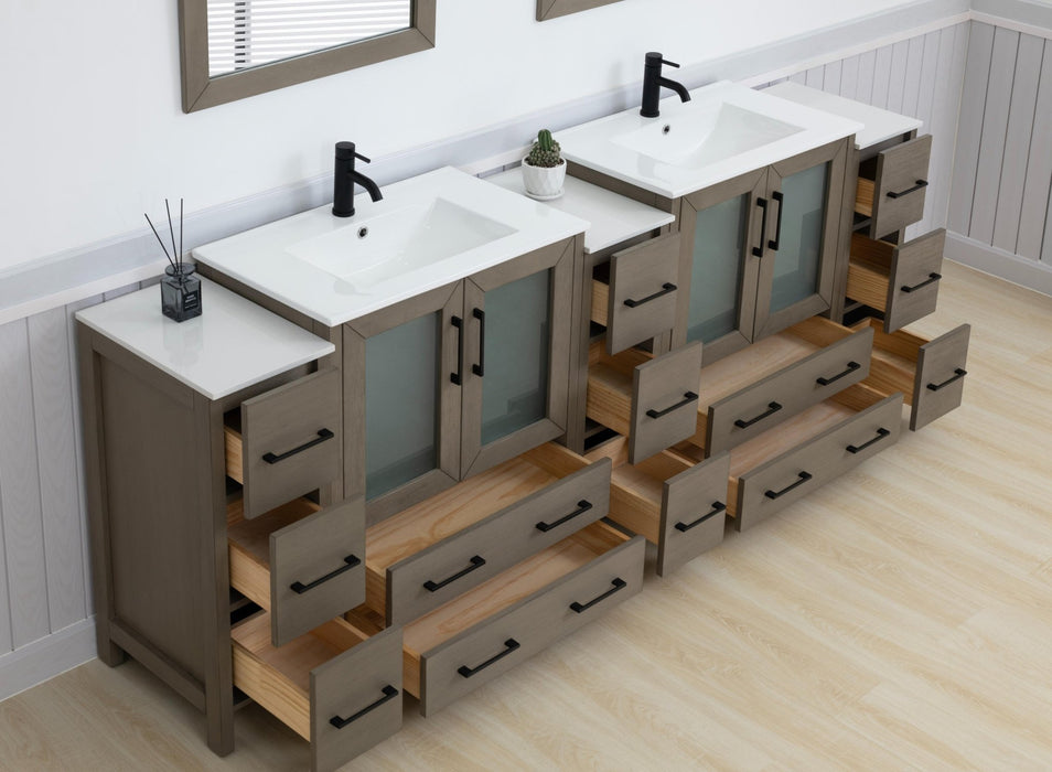 Brescia 96" Double Sink Modern Bathroom Vanity Set, Compact 2 Shelves 13 Drawers White Ceramic Top Bathroom Cabinet with Free Mirrors - HomeBeyond