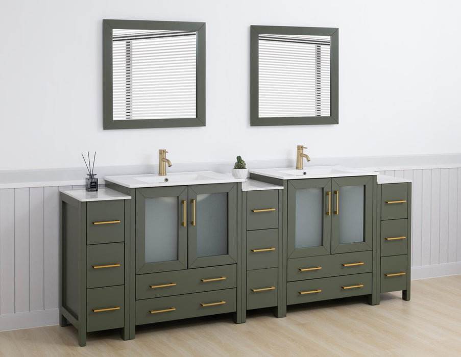 Brescia 96" Double Sink Modern Bathroom Vanity Set, Compact 2 Shelves 13 Drawers White Ceramic Top Bathroom Cabinet with Free Mirrors - HomeBeyond