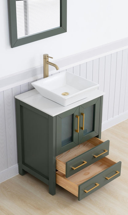 Ravenna 24" Single Sink Bathroom Vanity Combo Set, 2 - Drawers, Single Shelf, Single Cabinet White Engineered Marble Top and Ceramic Vessel Sink Bathroom Cabinet with Mirror - HomeBeyond