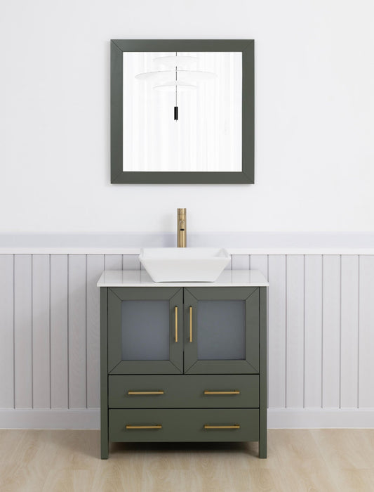 Ravenna 30" Single Sink Small Bathroom Vanity Set, 2 Drawers 1 Shelf Engineered Marble Top and Ceramic Vessel Sink Bathroom Cabinet with Mirror - HomeBeyond