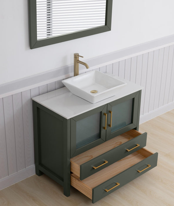 Ravenna 36" Single Sink Bathroom Vanity Combo Set, 2 Drawers 1 Shelf Single Cabinet White Engineered Marble Top and Ceramic Sink Bathroom Cabinet with Free Mirror - HomeBeyond