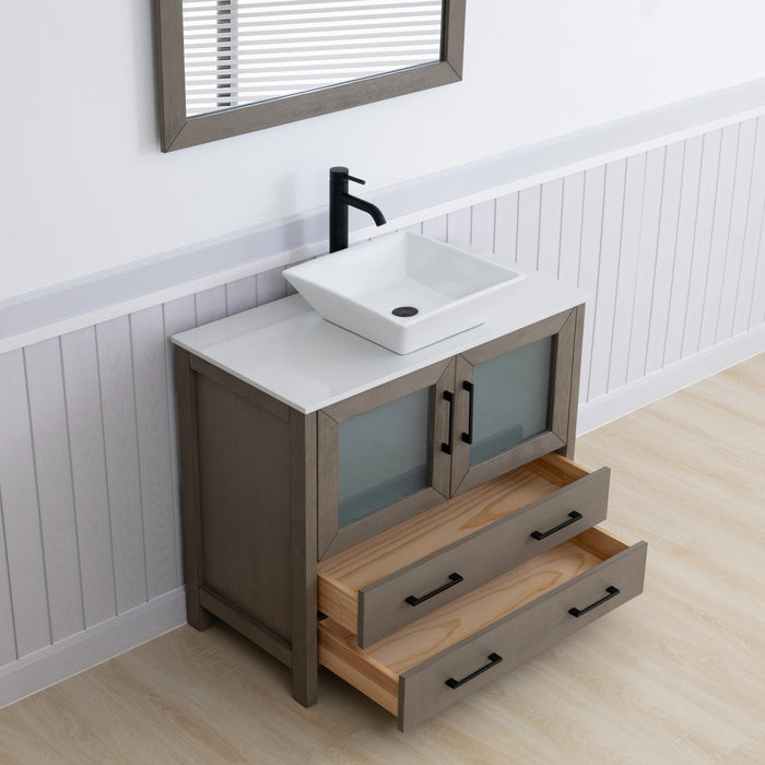 Ravenna 36" Single Sink Bathroom Vanity Combo Set, 2 Drawers 1 Shelf Single Cabinet White Engineered Marble Top and Ceramic Sink Bathroom Cabinet with Free Mirror - HomeBeyond