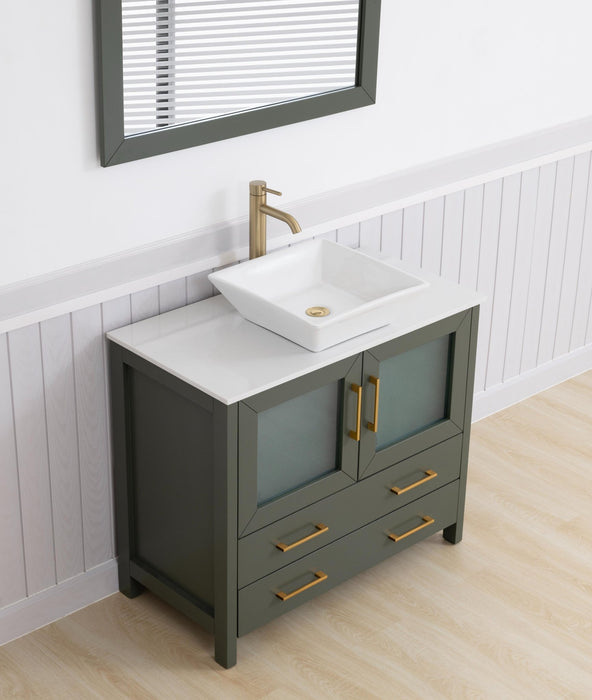 Ravenna 36" Single Sink Bathroom Vanity Combo Set, 2 Drawers 1 Shelf Single Cabinet White Engineered Marble Top and Ceramic Sink Bathroom Cabinet with Free Mirror - HomeBeyond