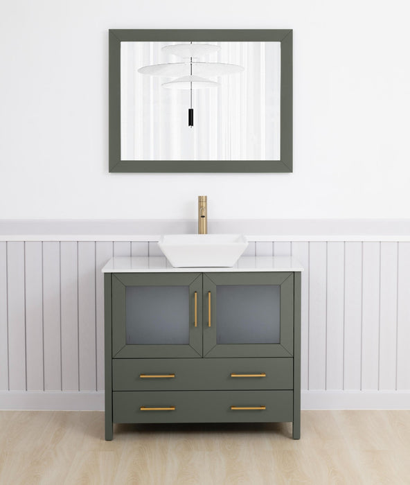 Ravenna 36" Single Sink Bathroom Vanity Combo Set, 2 Drawers 1 Shelf Single Cabinet White Engineered Marble Top and Ceramic Sink Bathroom Cabinet with Free Mirror - HomeBeyond