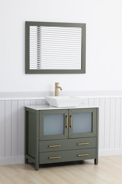 Ravenna 36" Single Sink Bathroom Vanity Combo Set, 2 Drawers 1 Shelf Single Cabinet White Engineered Marble Top and Ceramic Sink Bathroom Cabinet with Free Mirror - HomeBeyond