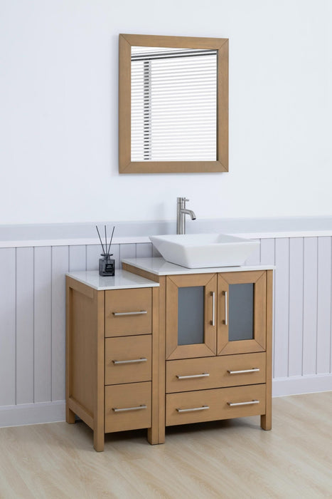 Ravenna 36" Single Sink Bathroom Vanity Combo Set, 5 Drawers 1 Shelf 2 Cabinet White Engineered Marble Top with Free Mirror - HomeBeyond