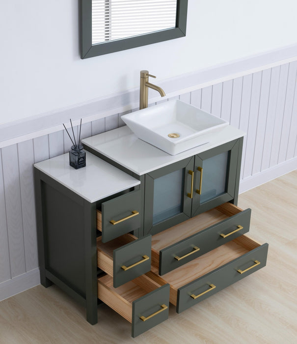 Ravenna 42" Single Sink Bathroom Vanity Combo Set, 5 Drawers 1 Shelf 2 Cabinet White Engineered Marble Top and Ceramic Vessel Sink Bathroom Cabinet with Free Mirror - HomeBeyond