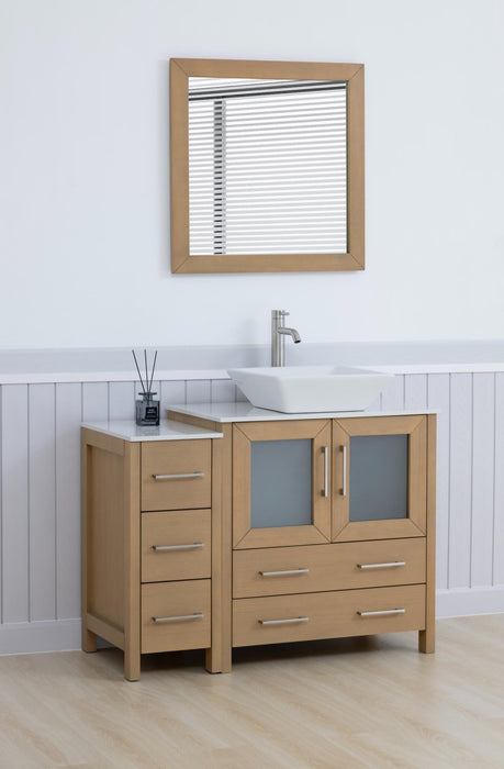 Ravenna 42" Single Sink Bathroom Vanity Combo Set, 5 Drawers 1 Shelf 2 Cabinet White Engineered Marble Top and Ceramic Vessel Sink Bathroom Cabinet with Free Mirror - HomeBeyond