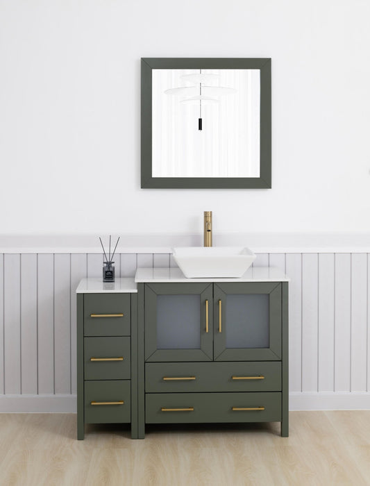 Ravenna 42" Single Sink Bathroom Vanity Combo Set, 5 Drawers 1 Shelf 2 Cabinet White Engineered Marble Top and Ceramic Vessel Sink Bathroom Cabinet with Free Mirror - HomeBeyond