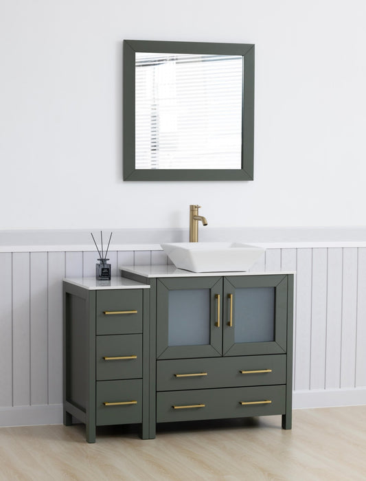 Ravenna 42" Single Sink Bathroom Vanity Combo Set, 5 Drawers 1 Shelf 2 Cabinet White Engineered Marble Top and Ceramic Vessel Sink Bathroom Cabinet with Free Mirror - HomeBeyond